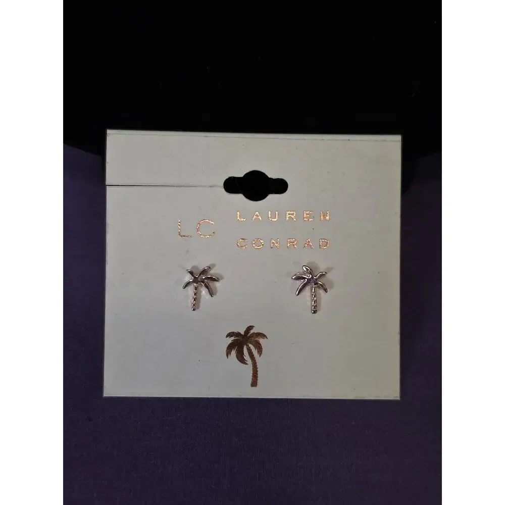 LAUREN CONRAD Palm Tree Earrings Stud Rose Gold Tone Metal Small Pierced